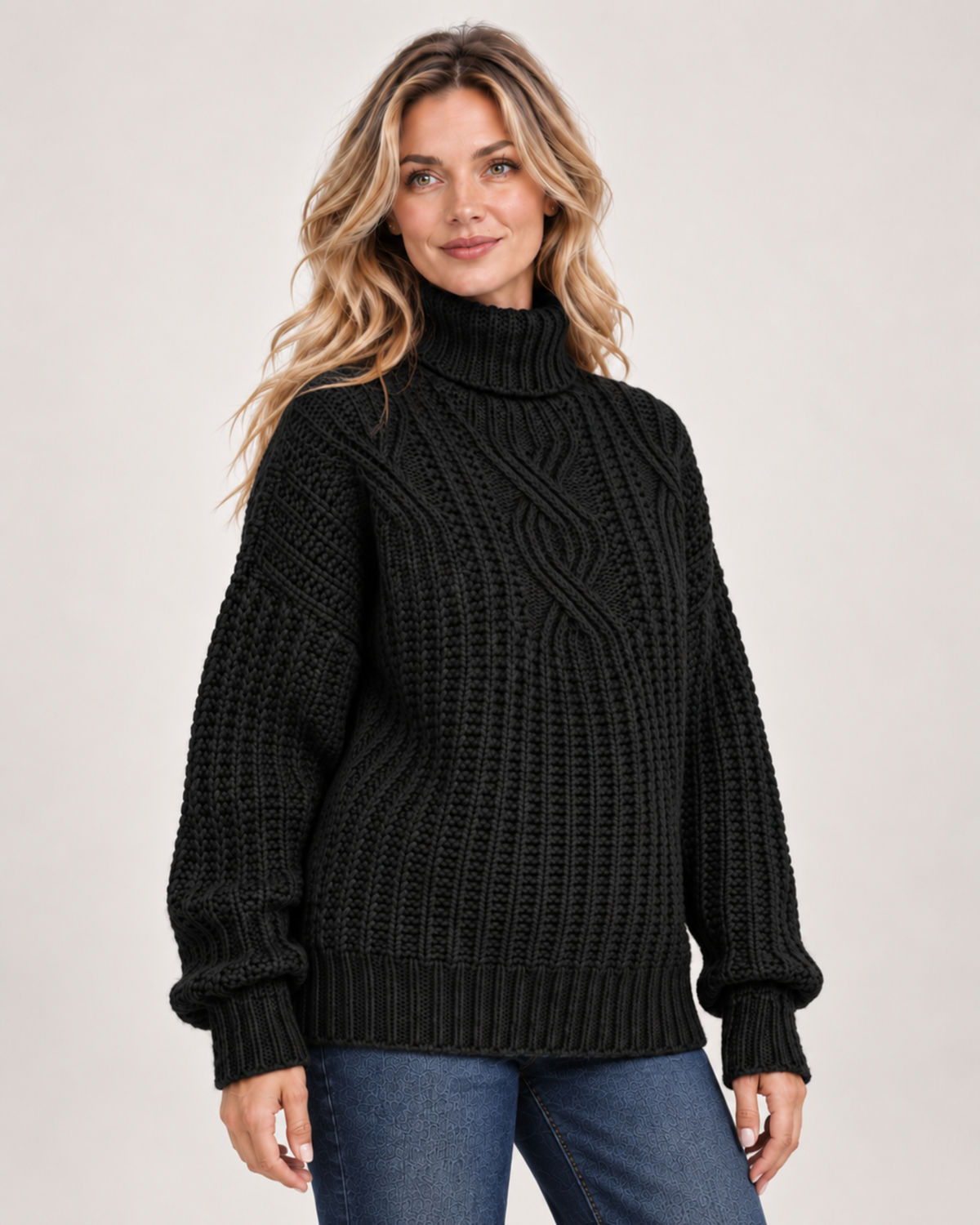 Women's Roll Neck Jumper with Cable Knit black close variant view