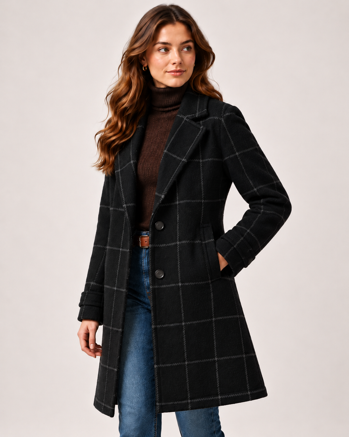 Women's Checked Coat Long Tailored Button Front Style black close variant view