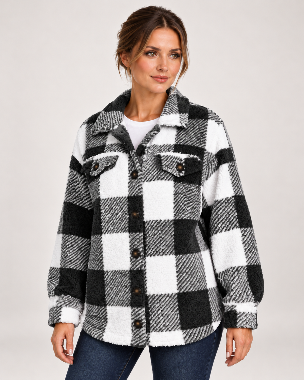 Women's Fleece Jacket with Checked Pattern and Button Front black close variant view