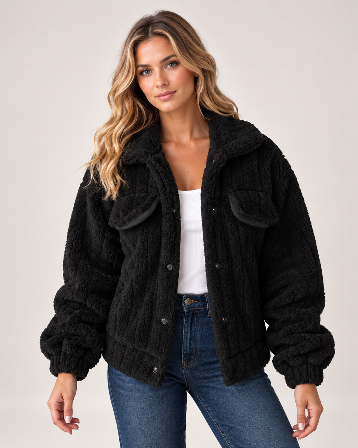 Women's Borg Jacket with Collar and Chest Pockets black close variant view