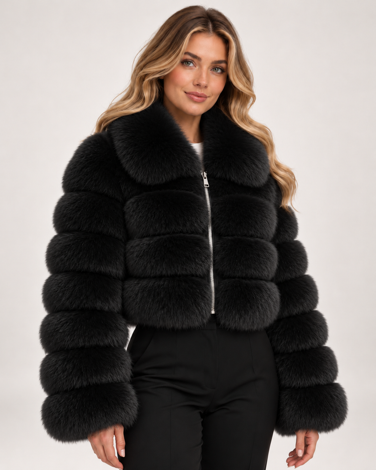 Women's Faux Fur Jacket with Cropped Shape and Wide Collar black close variant view