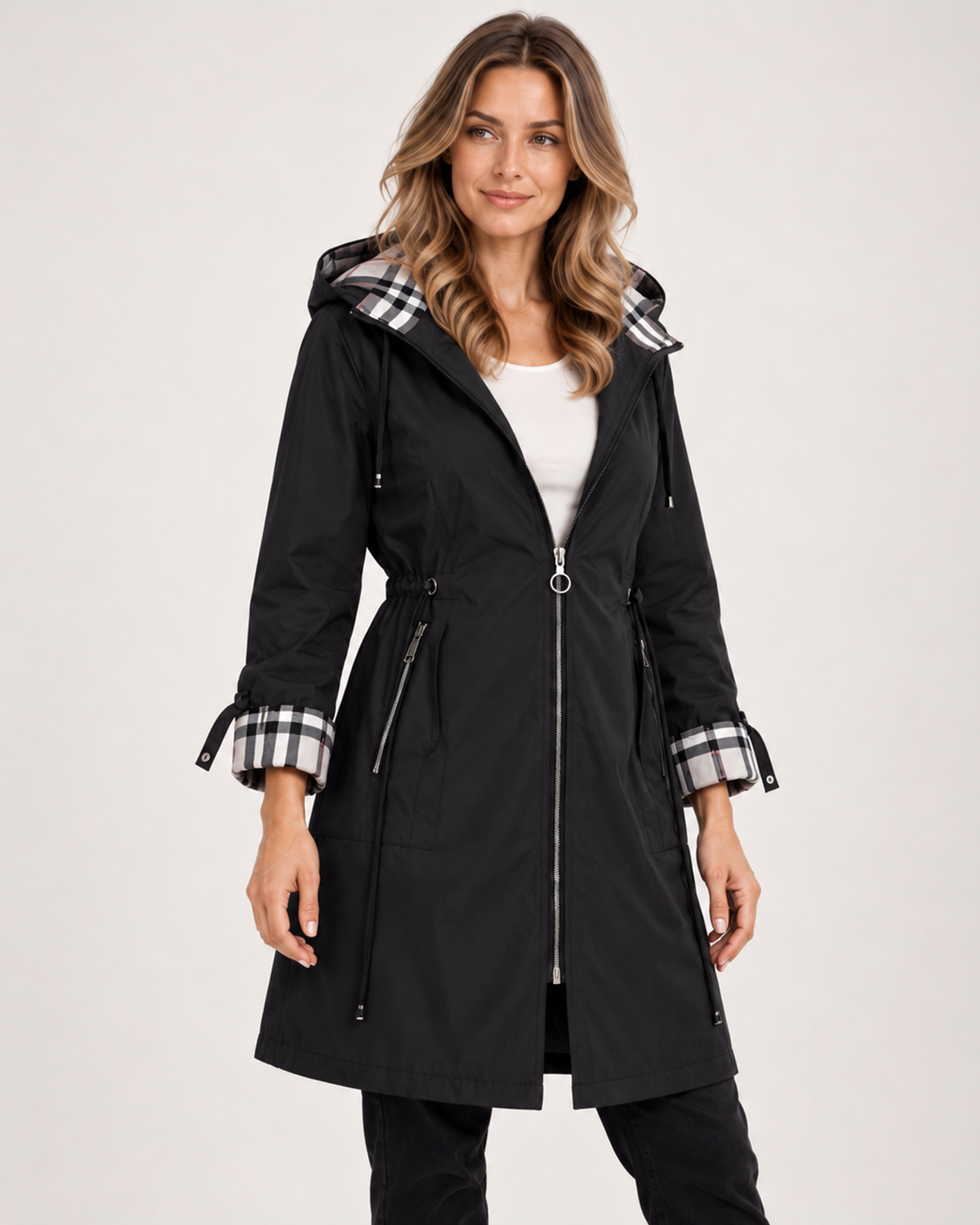 Women's Raincoat with Hood, Checked Trim and Belt black close variant view