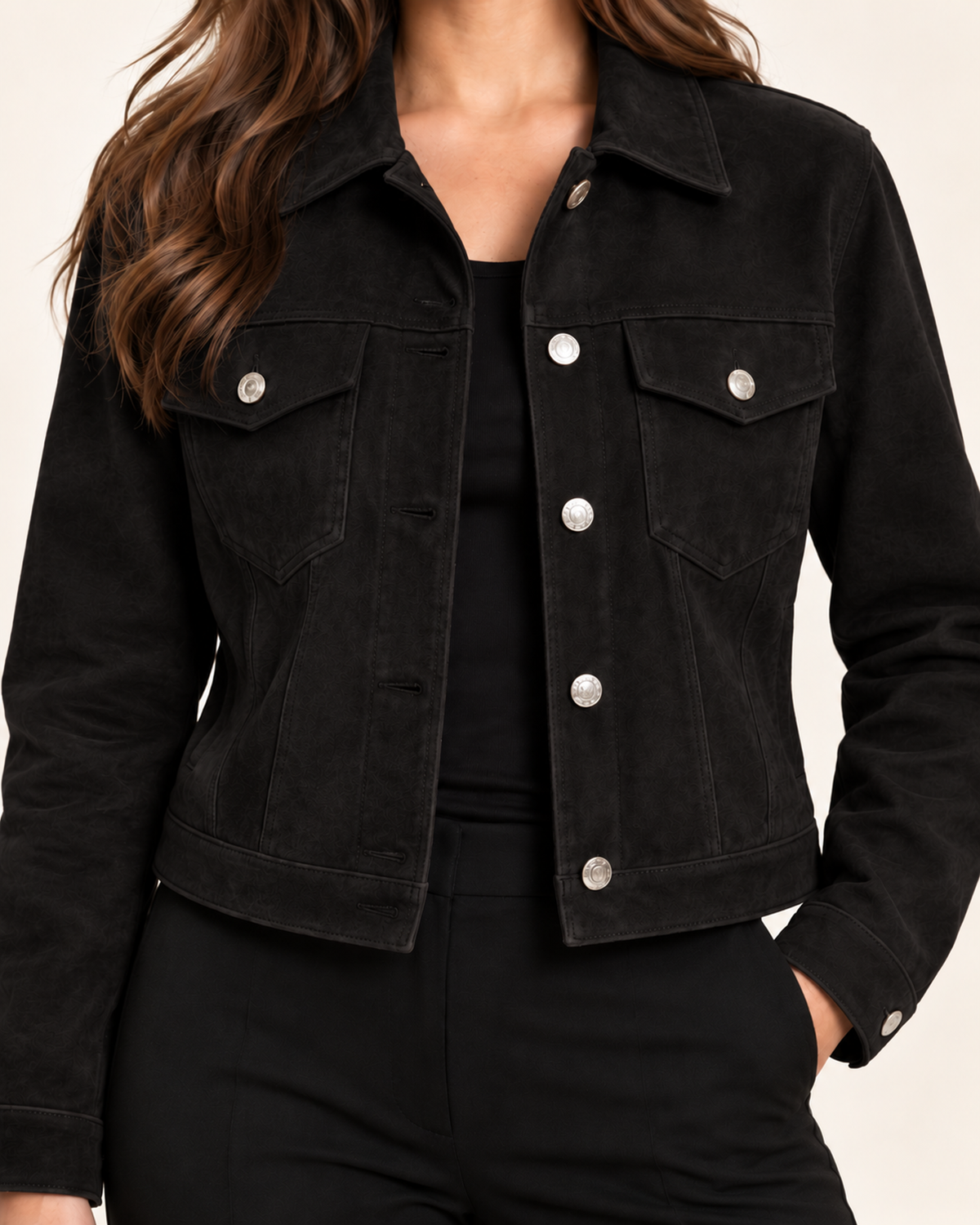 Women's black faux suede button up jacket close variant view