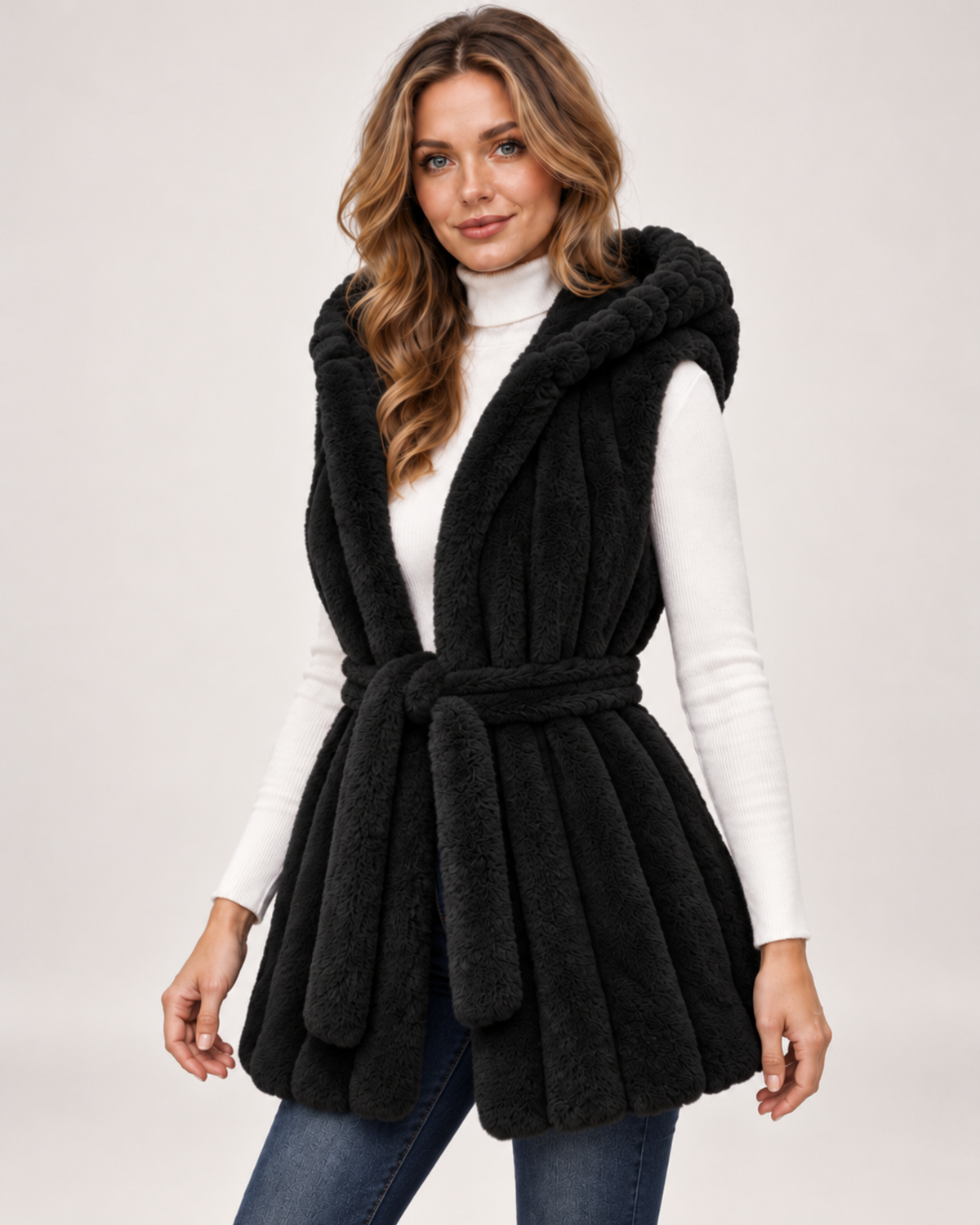 Women's Hooded Gilet with Faux Fur Finish and Belt black close variant view