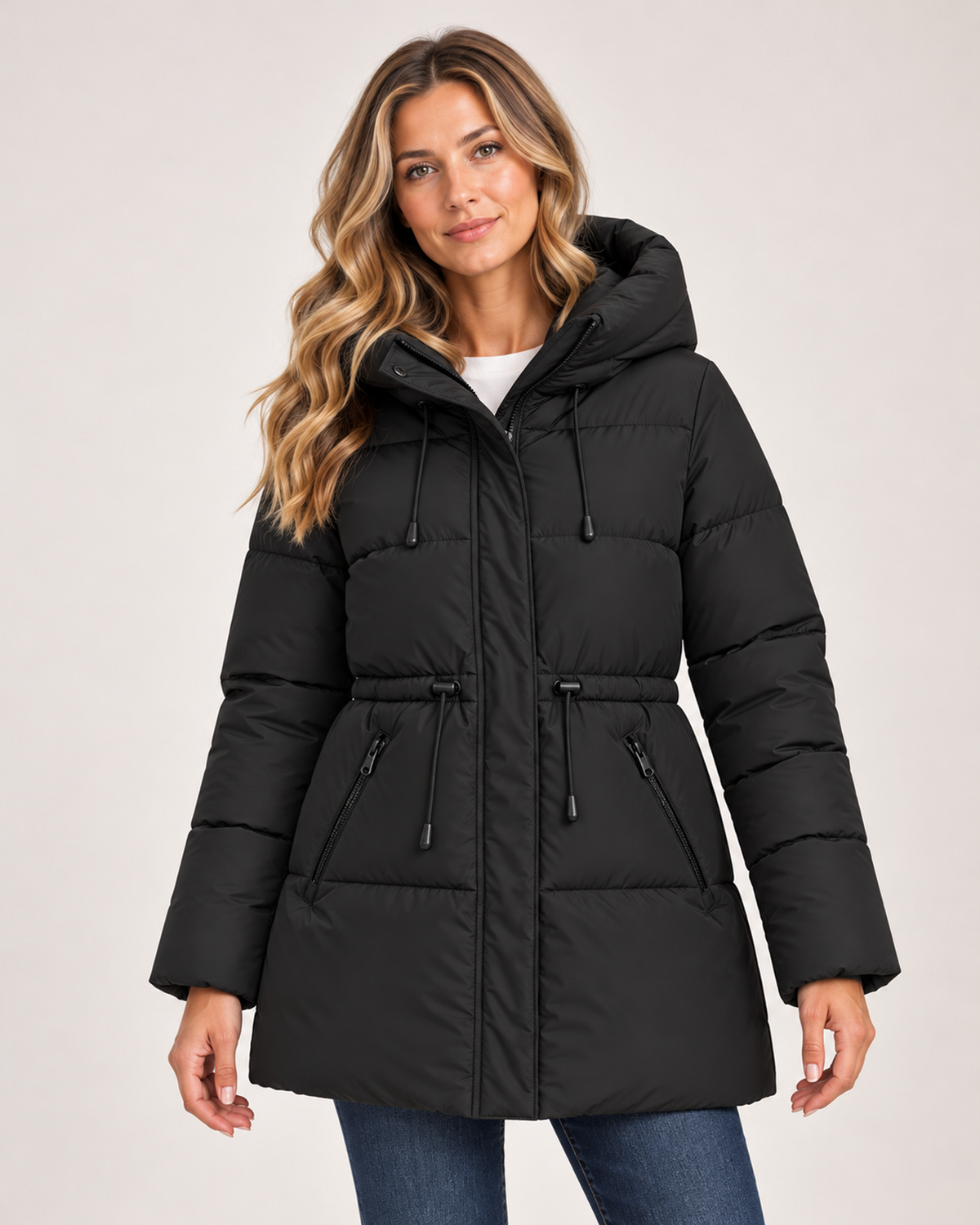 Women's Padded Coat with Hood and Drawstring Waist black close variant view