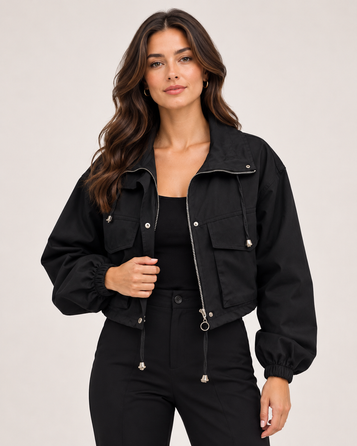 Women's Cropped Utility Jacket with Stand Collar and Chest Pockets black close variant view