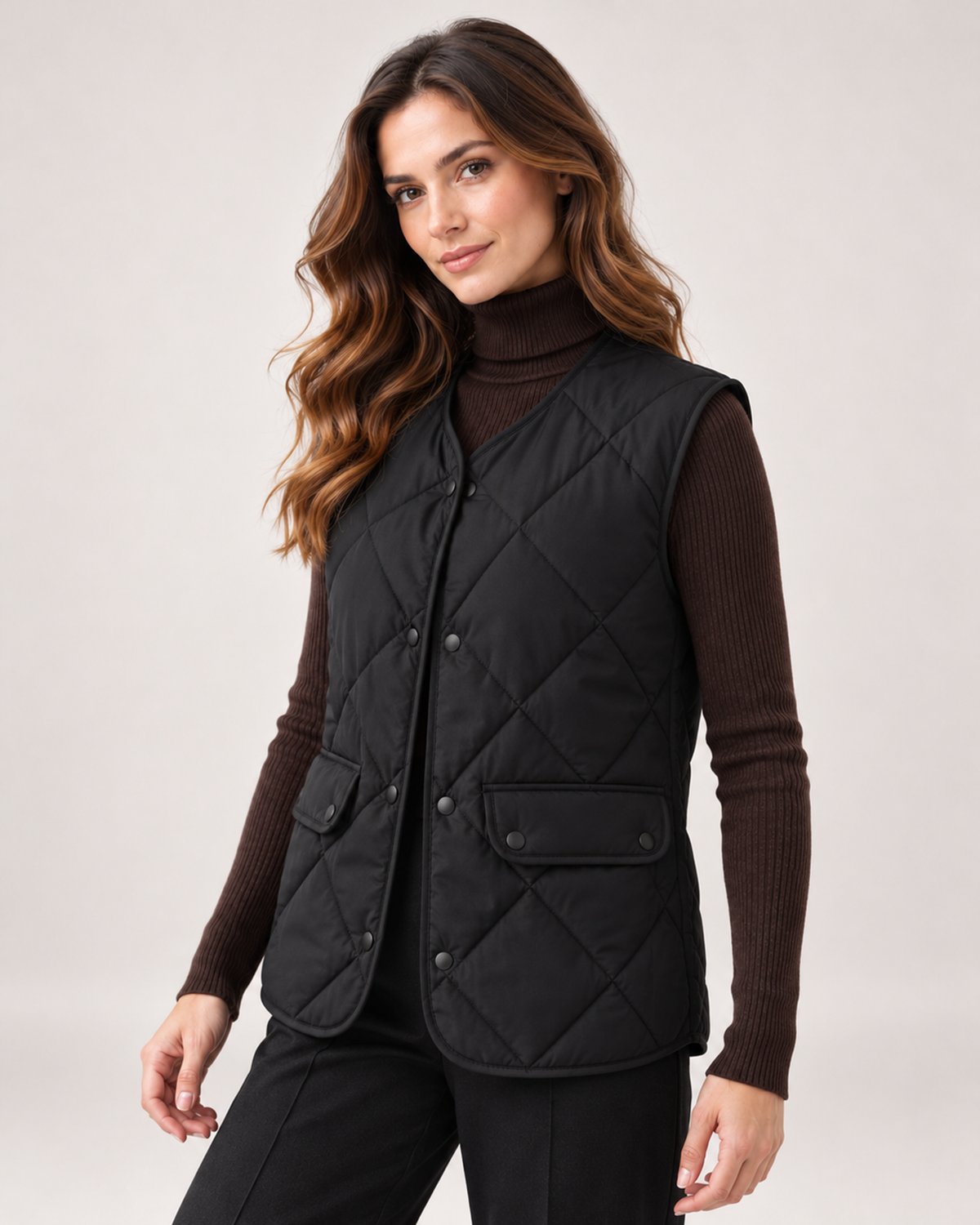Women's Quilted Gilet with Diamond Design and Patch Pockets black close variant view