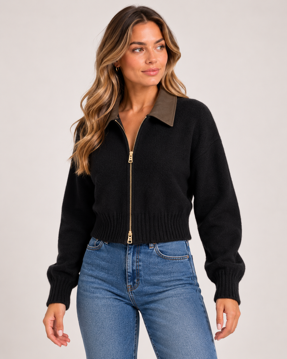 Women's Cropped Zip-Up Cardigan with Contrast Collar black close variant view