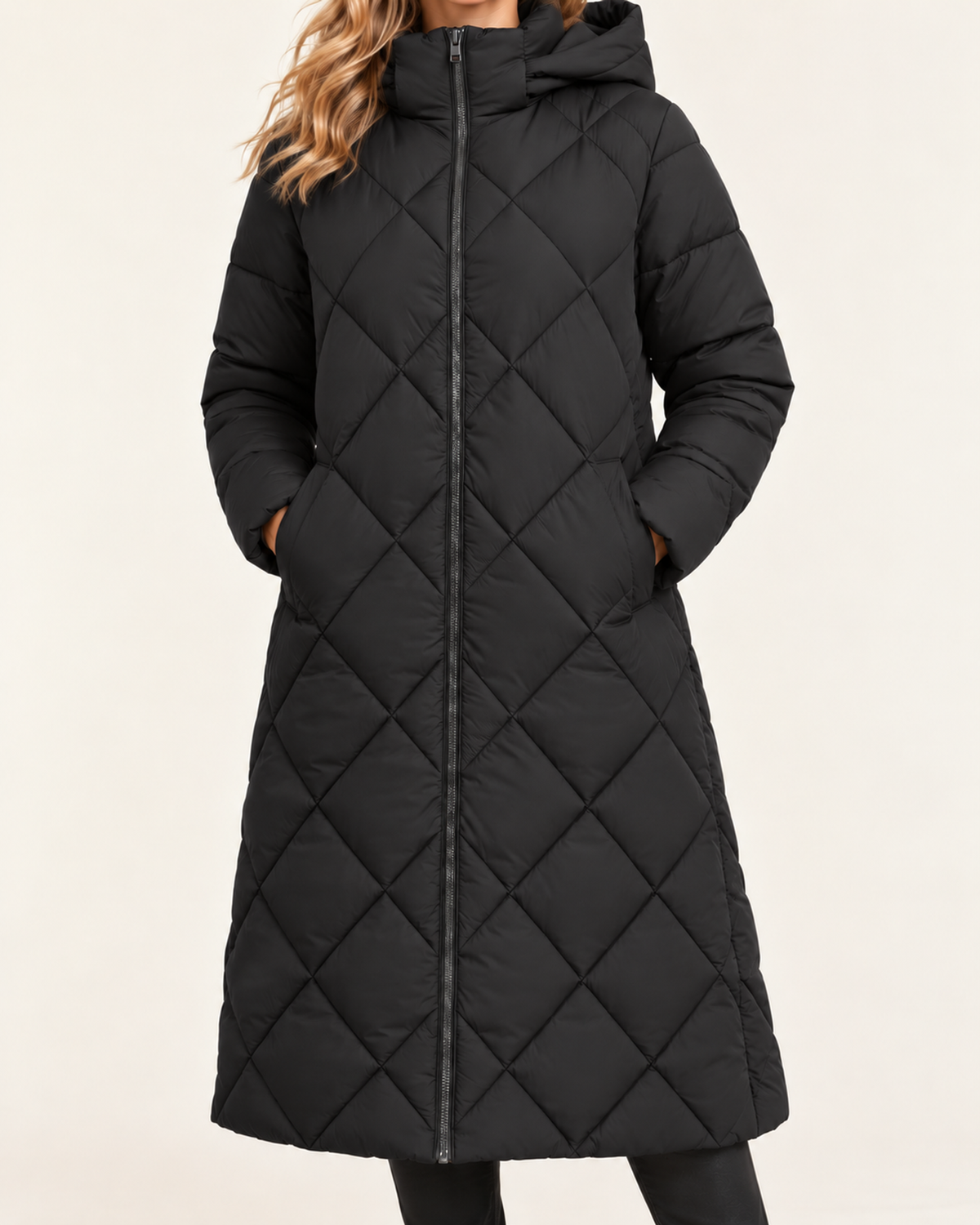 Women's black long diamond quilted puffer jacket close variant view