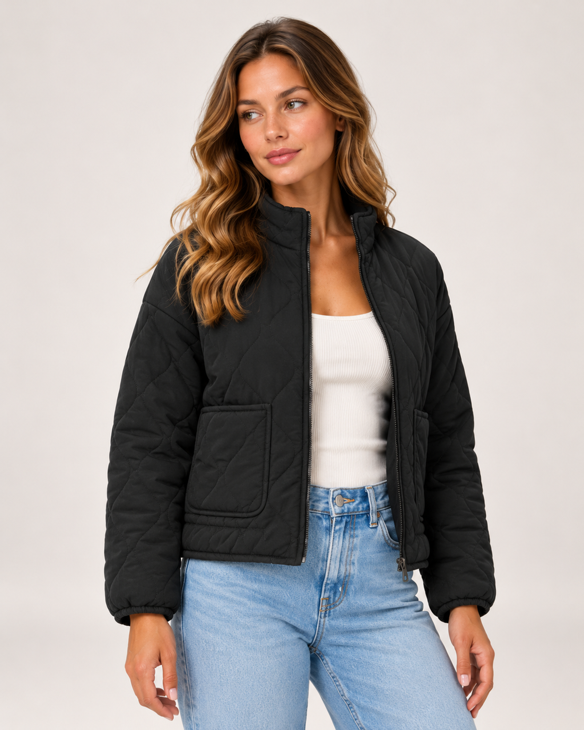 Women's Quilted Jacket – Lightweight Casual Jacket with Front Pockets black close variant view