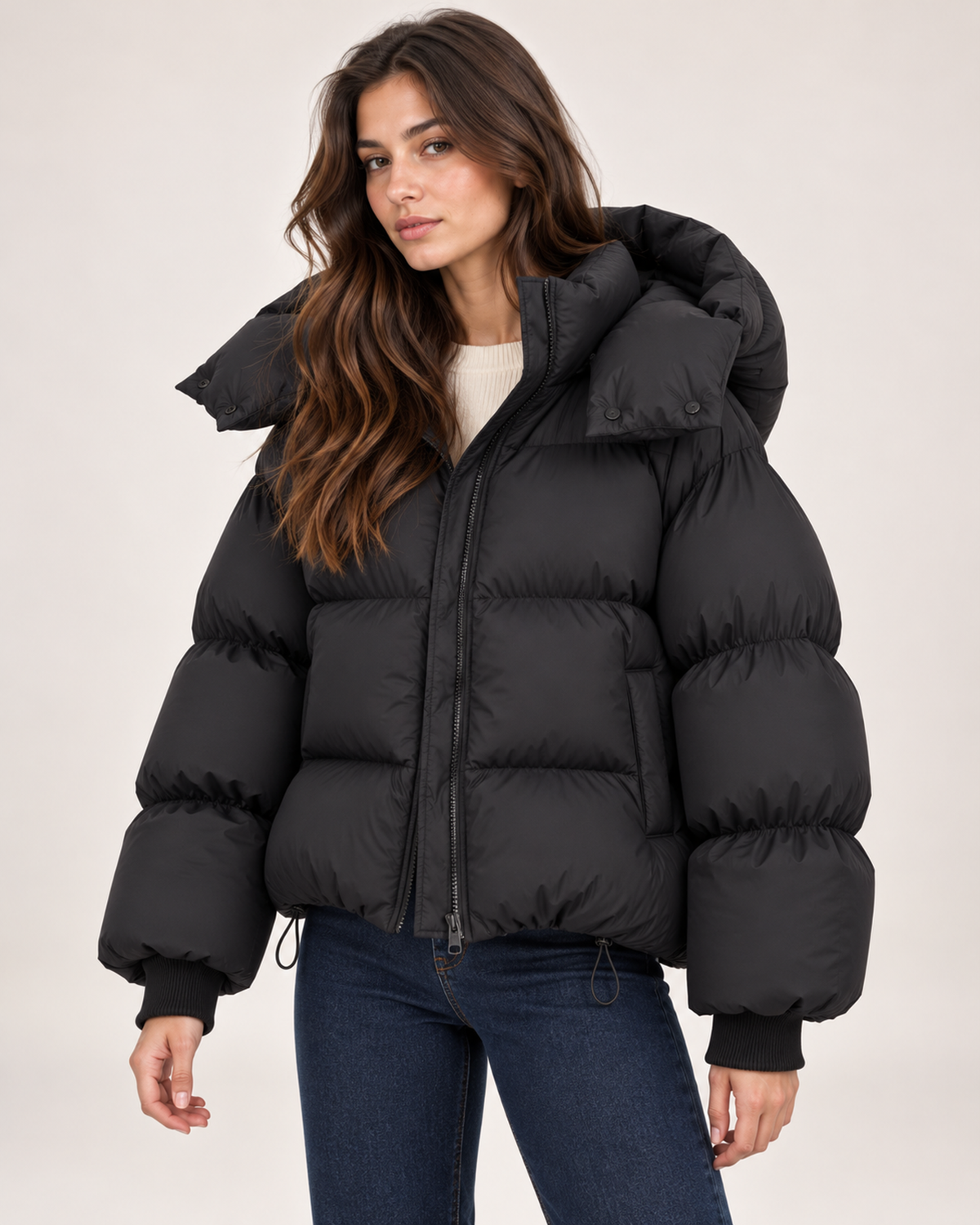 Women's black puffer jacket with oversized hood close variant view