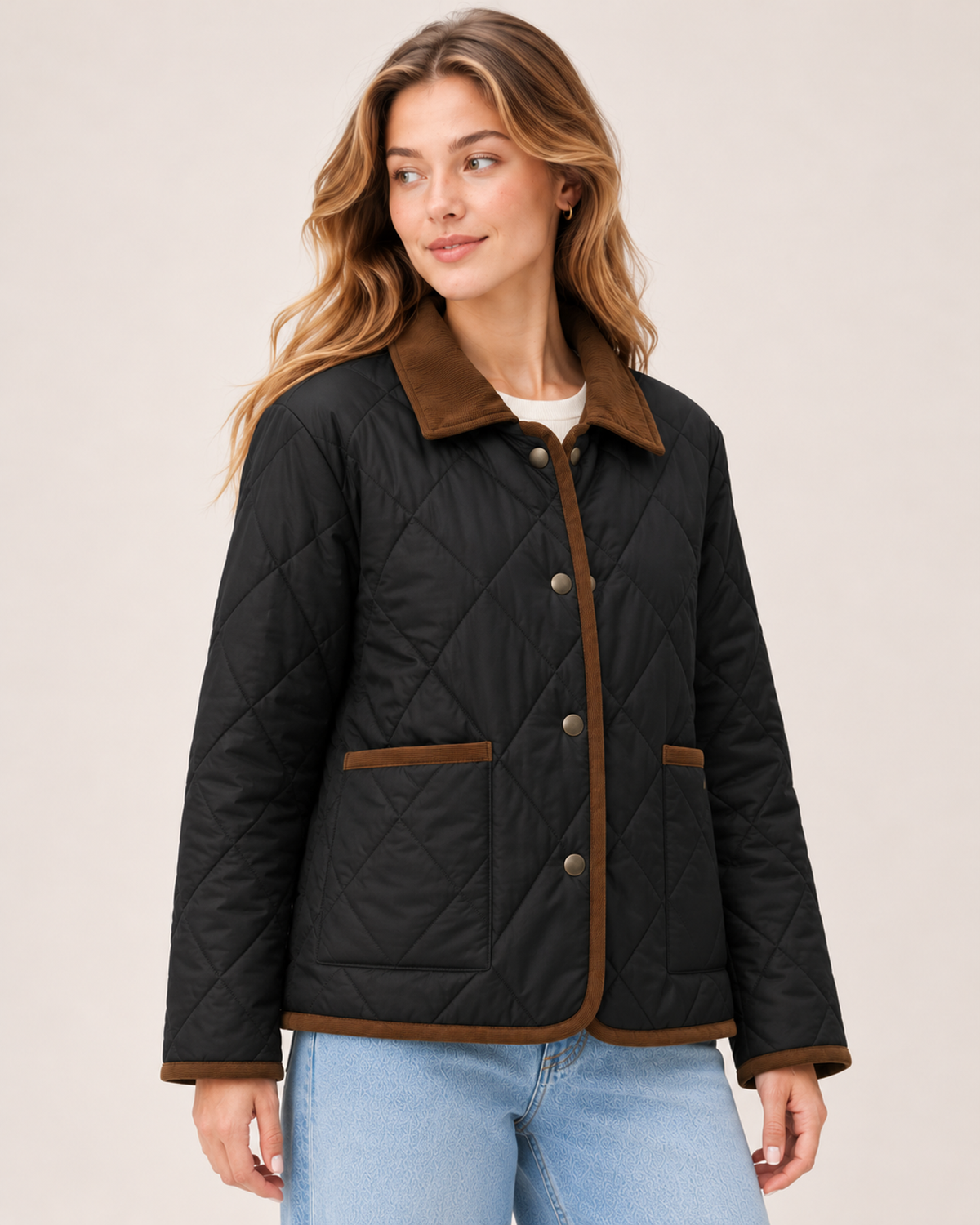Women's Quilted Jacket – Lightweight Contrast Trim Button-Up Coat black close variant view