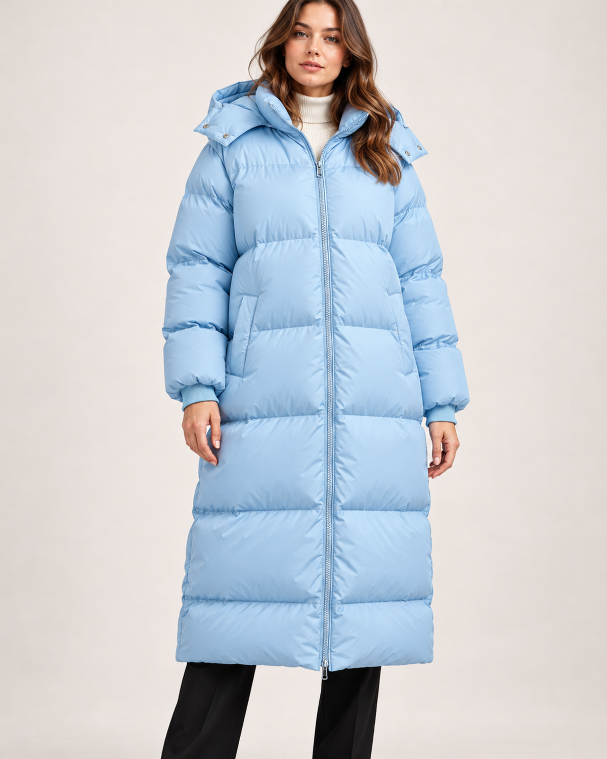Women's blue long hooded puffer coat close variant view
