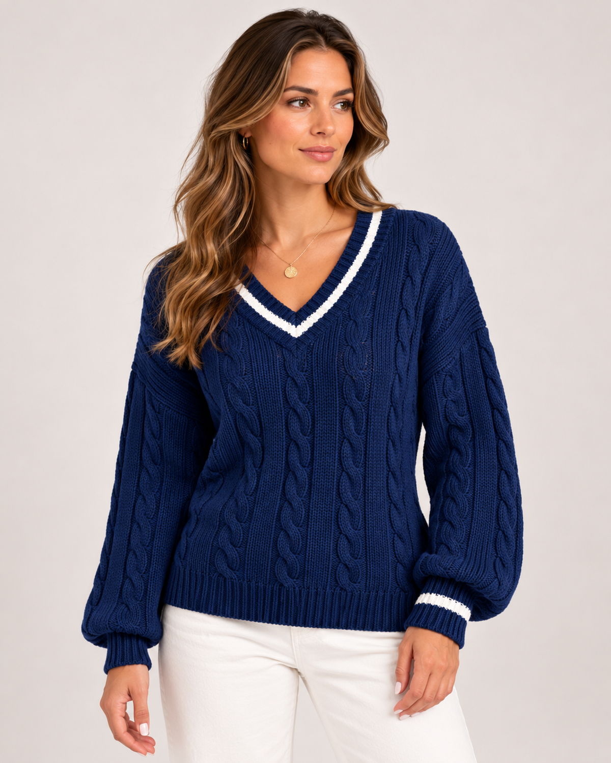 Women's V Neck Cable Knit Jumper with Contrast Trim blue close variant view