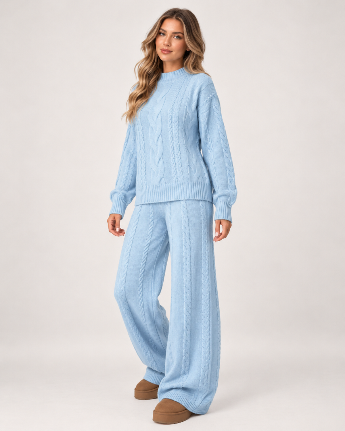 Women's Knitted Co-Ord Set with Cable Knit Jumper and Wide Leg Trousers blue close variant view