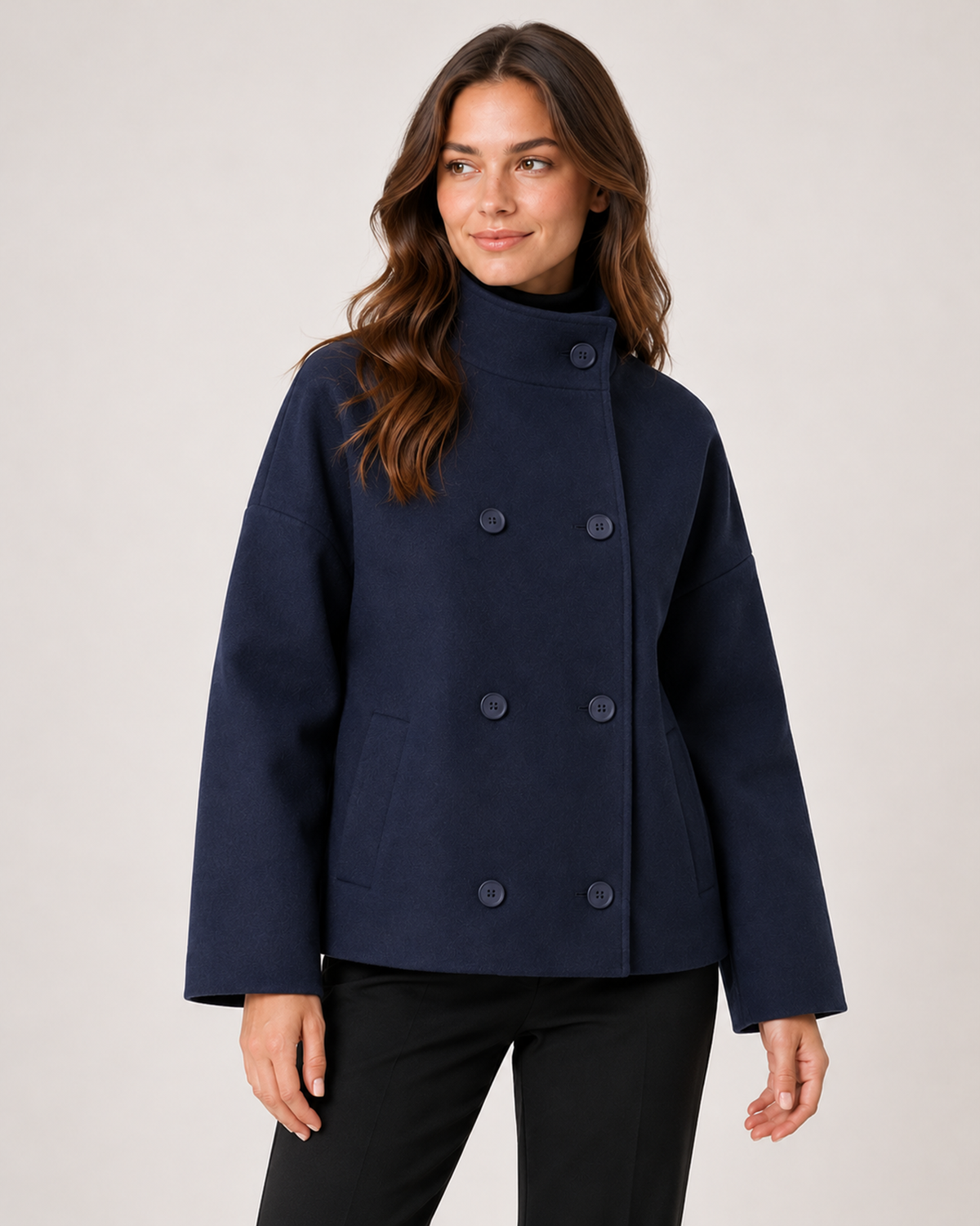 Women's Funnel Neck Coat with Double-Breasted Front blue close variant view