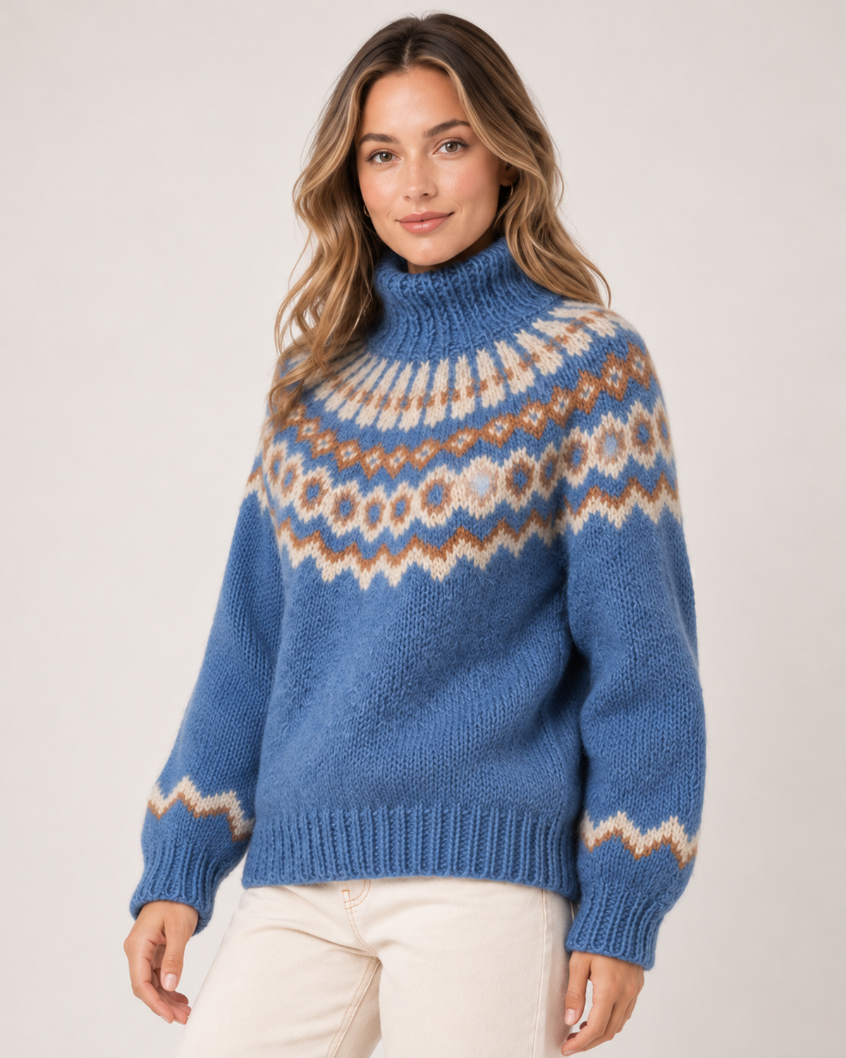 Women's Fair Isle Jumper Patterned High Neck Knitted Style blue close variant view