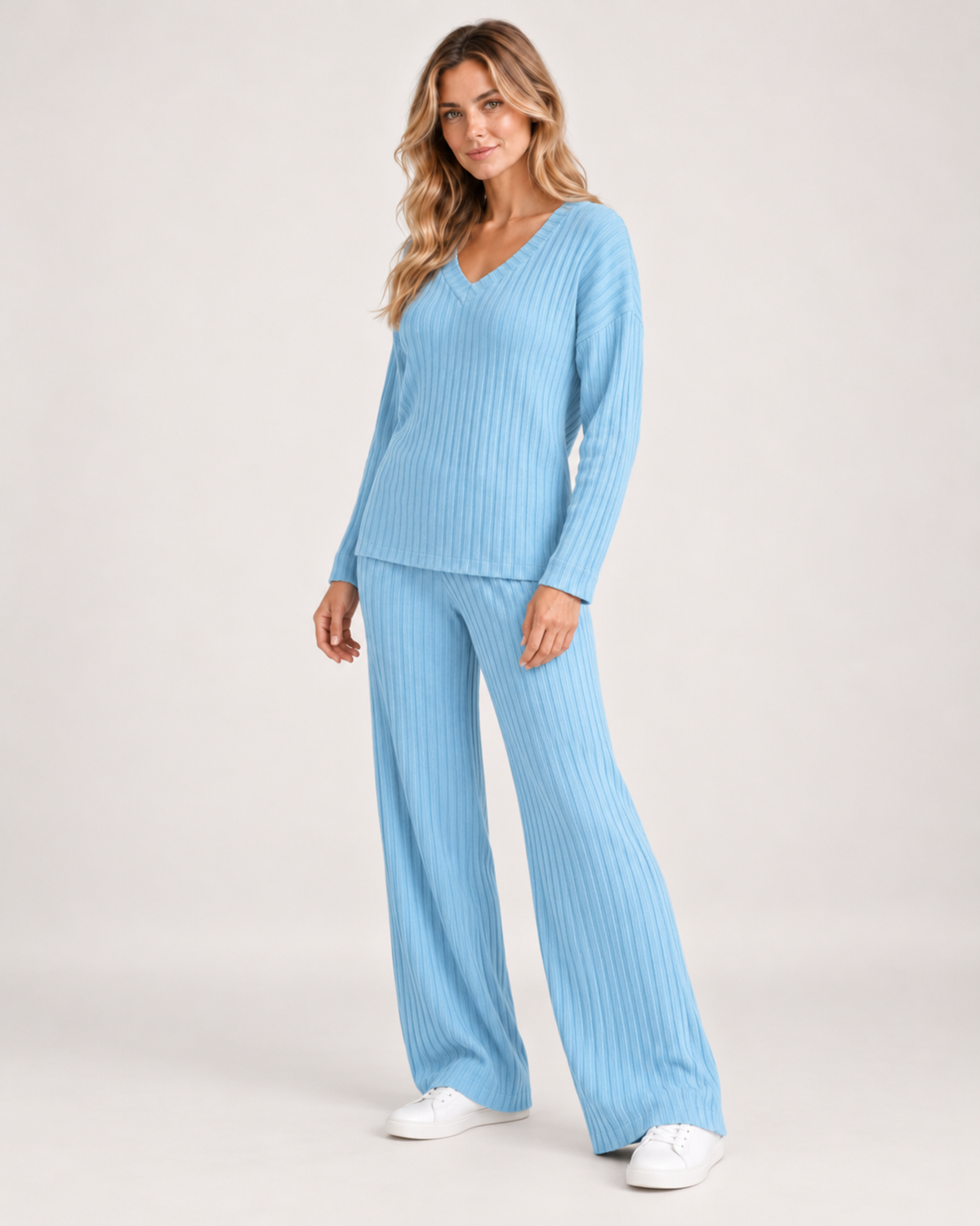 Women's Co-Ord Set with Ribbed V-Neck Top and Wide Leg Trousers blue close variant view
