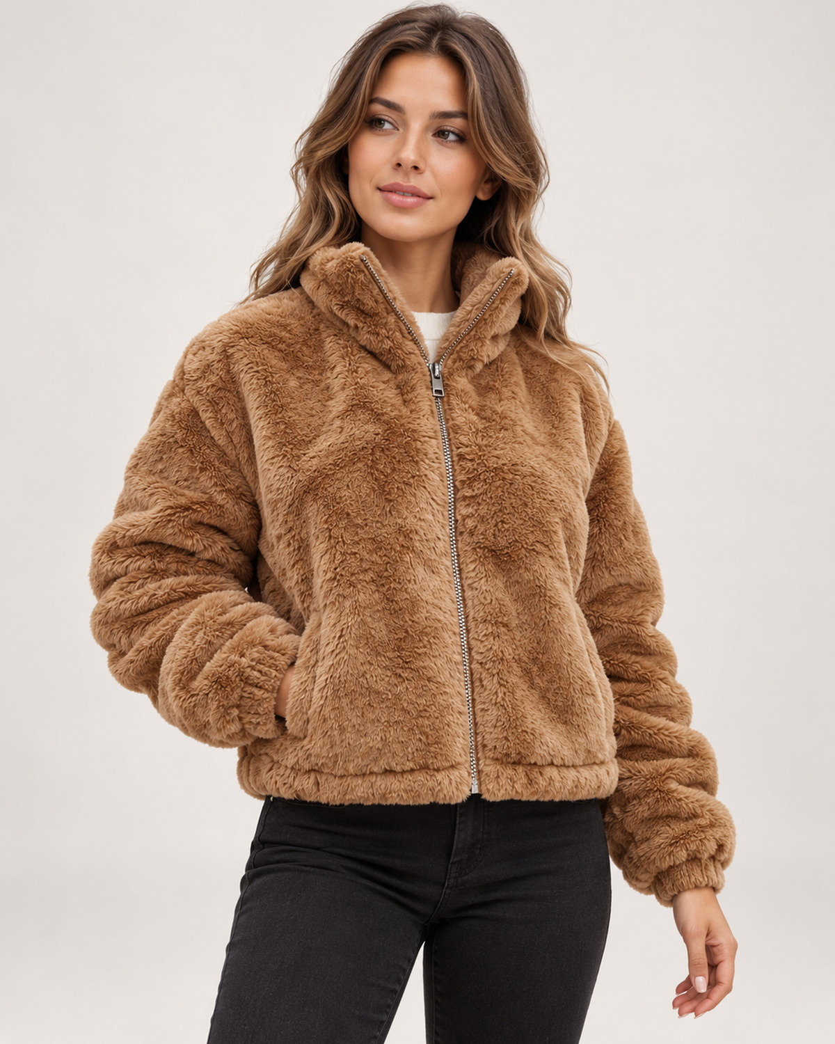 Women’s brown fleece jacket close front zipped view