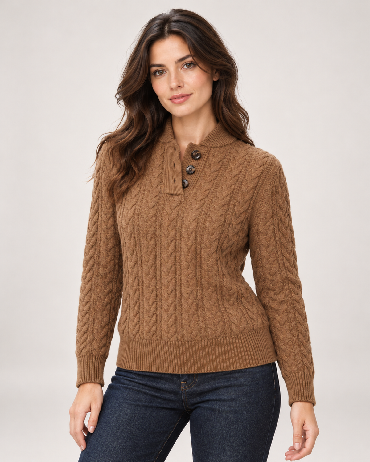 Women's Cable Knit Jumper with Button Neck brown close variant view
