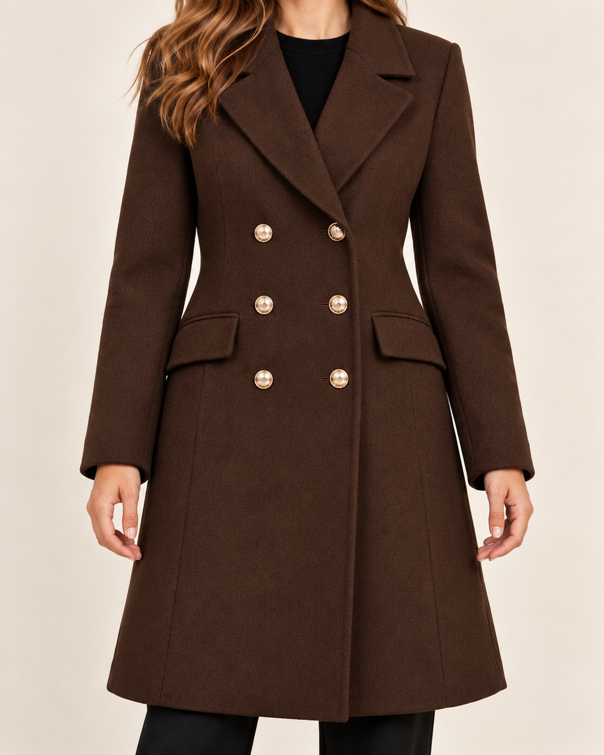 Women's brown double breasted lapel coat close variant view