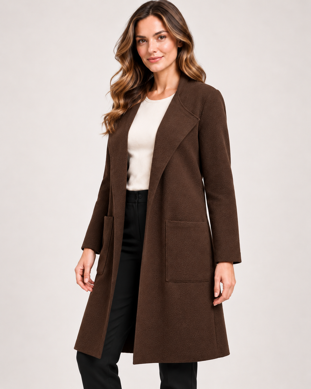 Women's Coatigan with Lapel Collar and Pockets brown close variant view