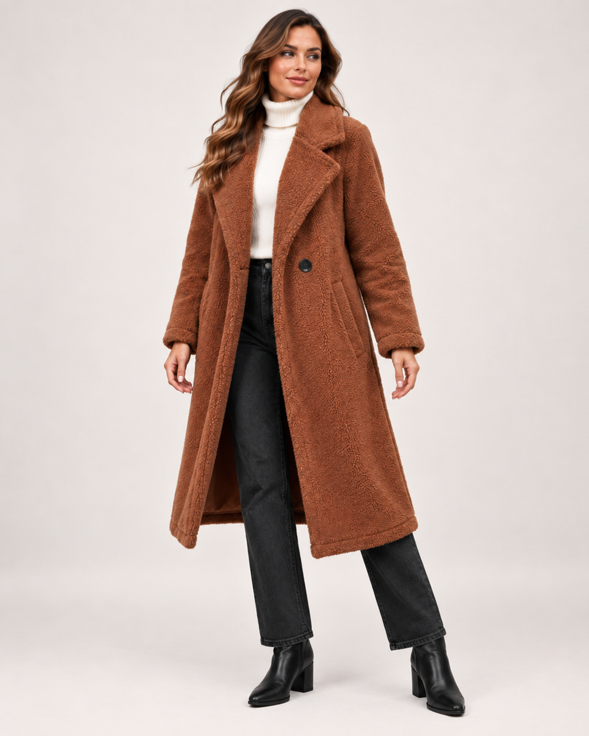 Women's Borg Coat with Long Shape and Lapel Collar brown close variant view