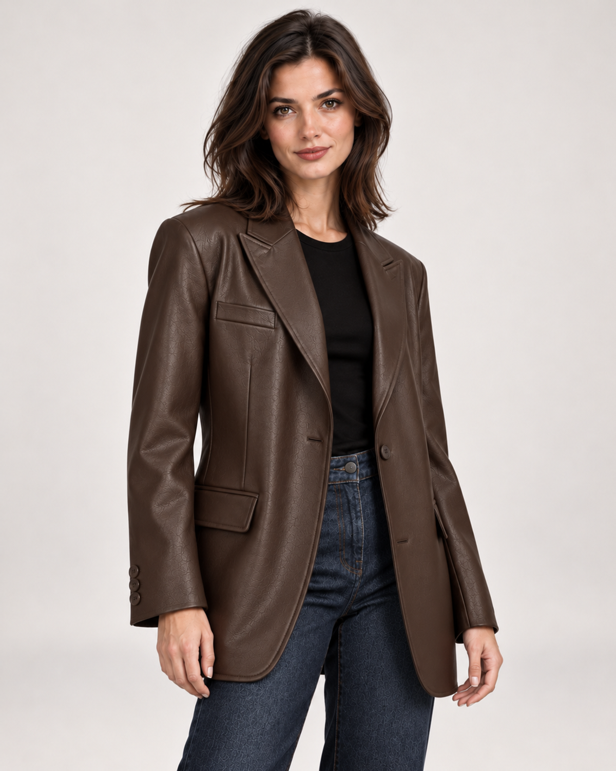 Women's Faux Leather Blazer with Oversized Fit brown close variant view