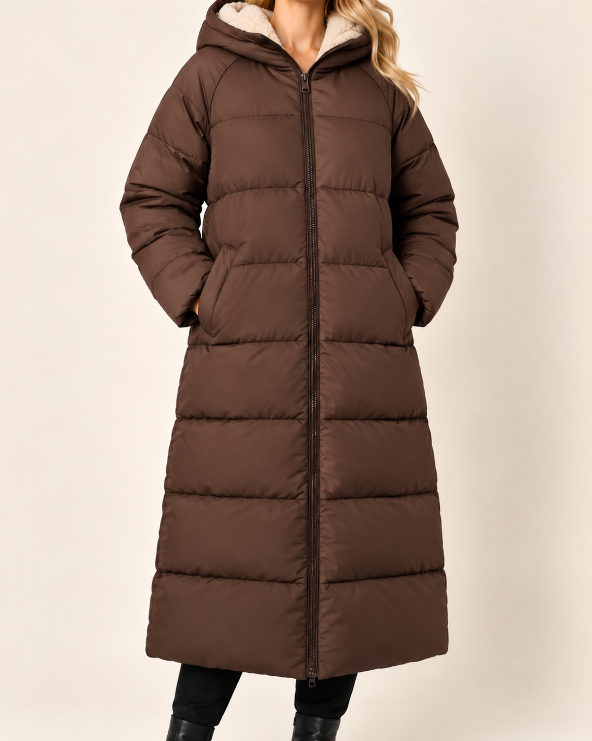 Women's brown long puffer coat with hood close variant view