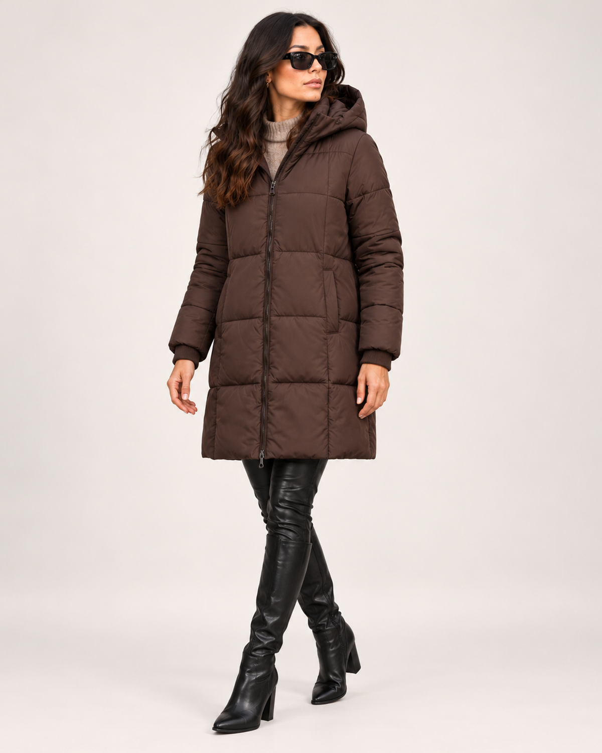 Women's Longline Padded Puffer Coat with Hood brown close variant view