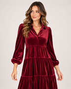 Women’s Velvet Maxi Dress with Collar and Tiered Skirt in Burgundy, lower body product focus view