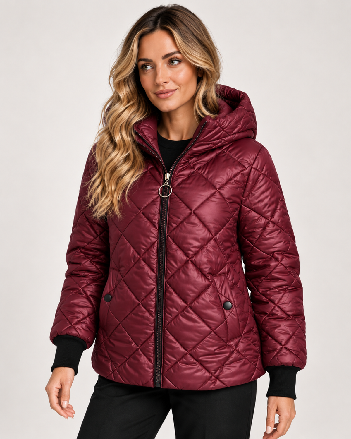Women's Quilted Jacket with Hood and Zip Front burgundy close variant view