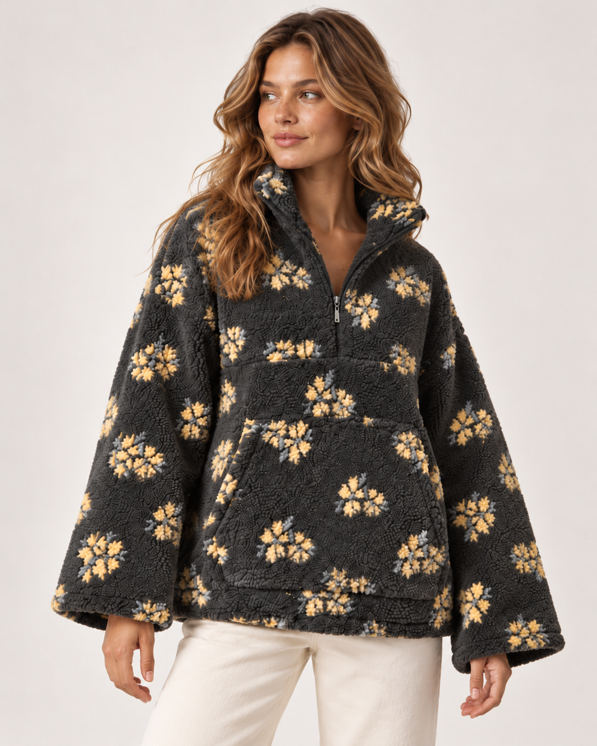 Women's Borg Jacket with Floral Pattern and Half Zip charcoal yellow floral close variant view