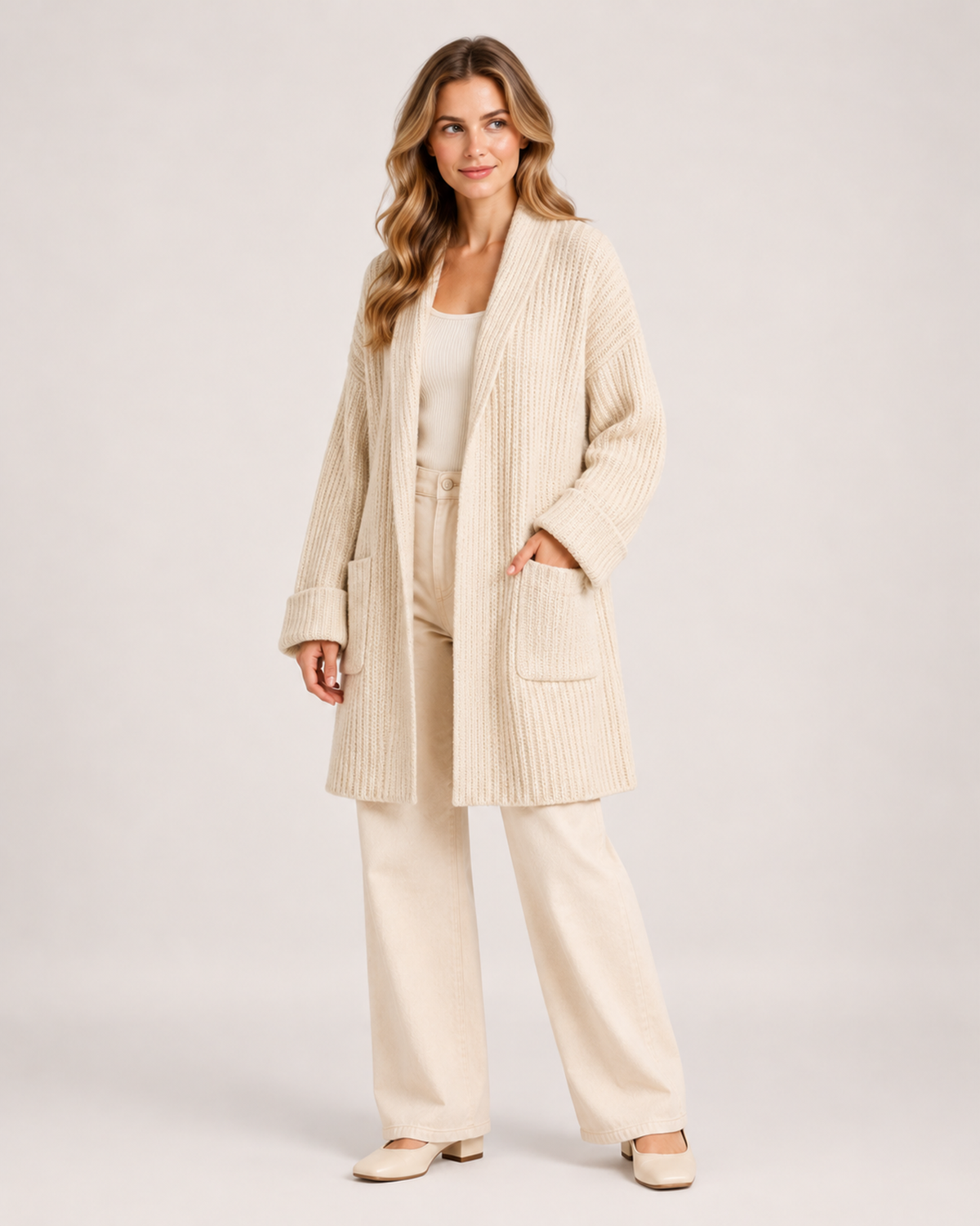 Women's Longline Knitted Cardigan cream close variant view