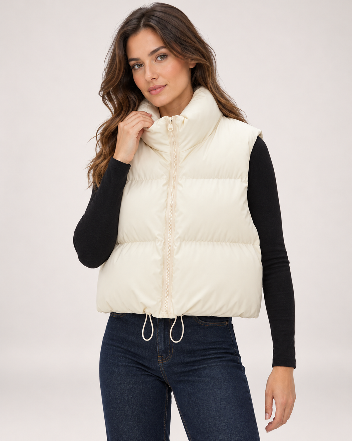 Women's cream cropped puffer gilet close variant view