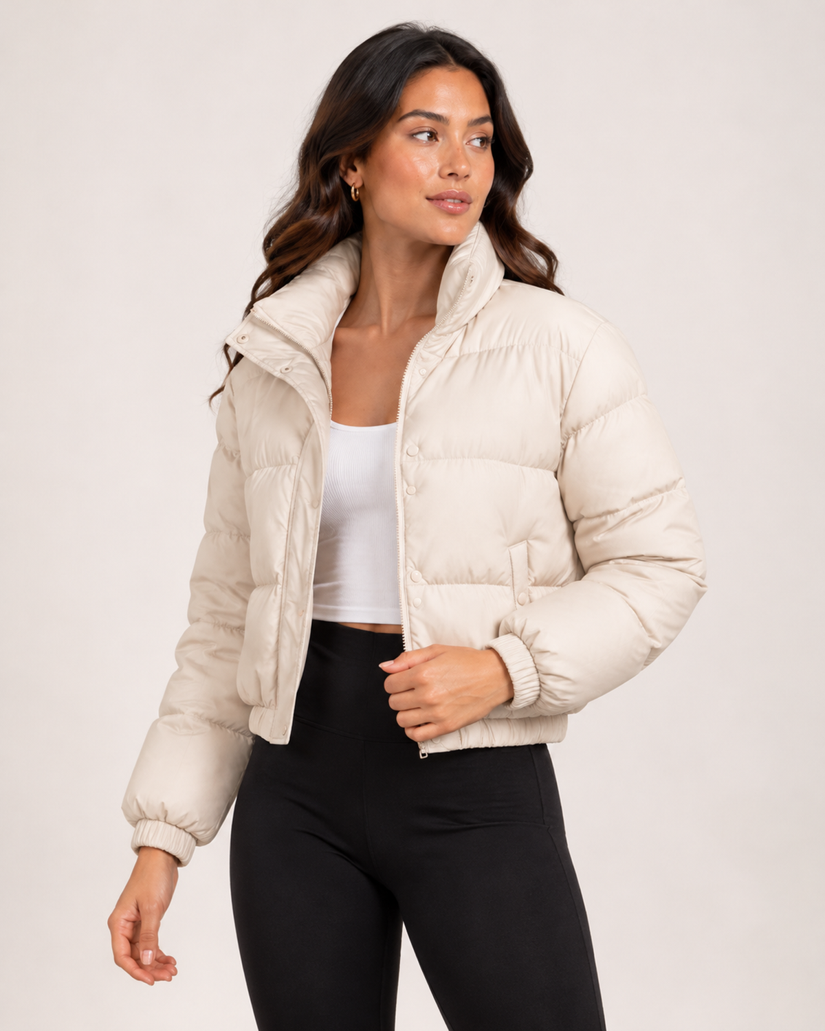 Women's cream padded quilted cropped bomber jacket