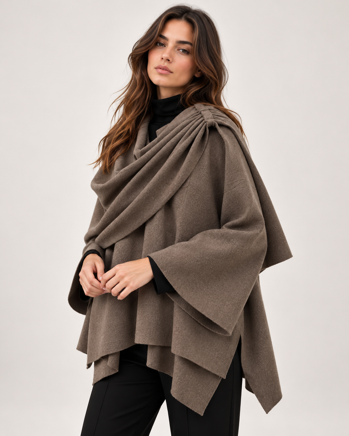 Women's dark brown asymmetric scarf cape coat close variant view