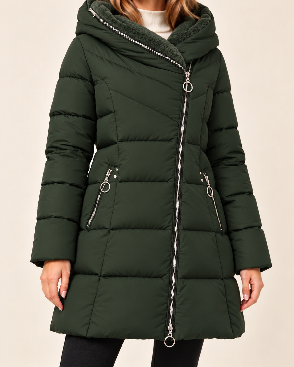 Women's dark green long puffer jacket with asymmetric zip close variant view