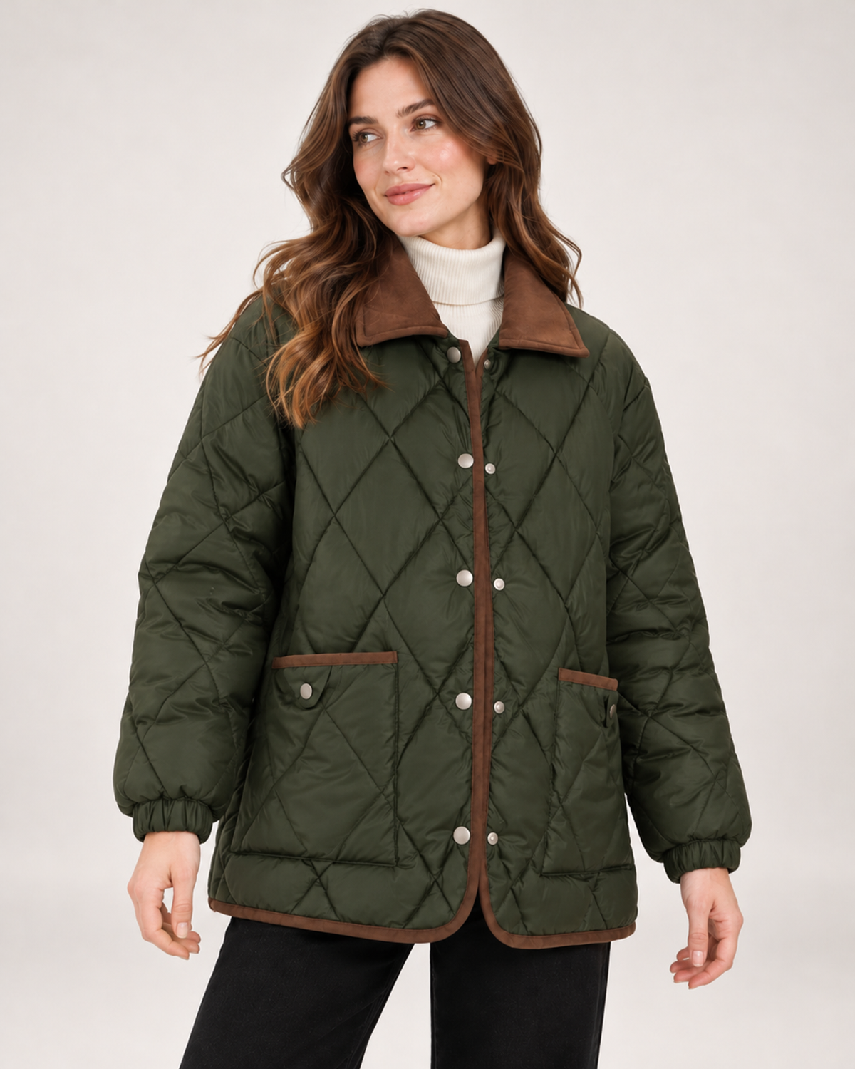 Women's Quilted Jacket with Contrast Collar dark green close variant view
