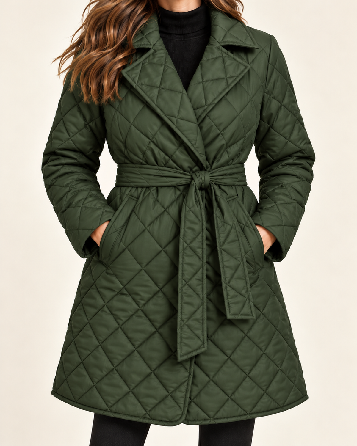 Women's green quilted belted lapel coat close variant view