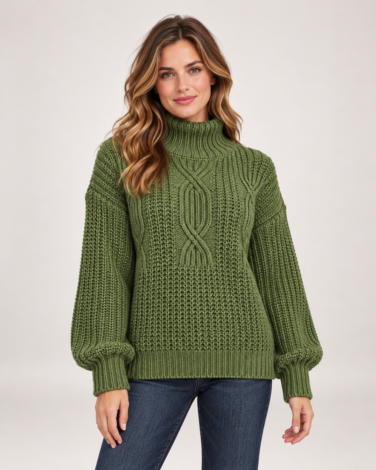 Women's Cable Knit Jumper with Roll Neck and Balloon Sleeves green close variant view