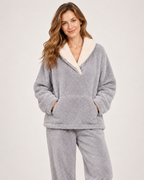 Women’s Fleece Pyjamas with Contrast Collar in Grey, full body view