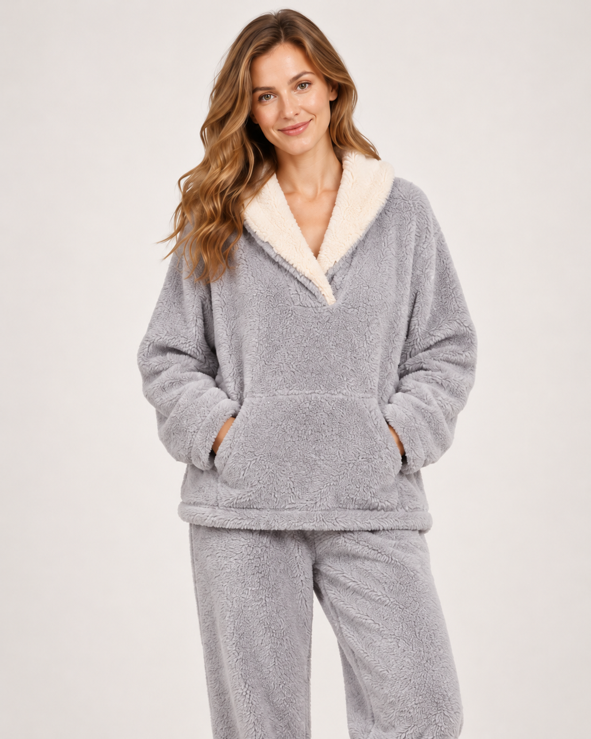 Women’s Fleece Pyjamas with Contrast Collar in Grey, full body view