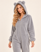 Women’s Fleece Onesie with Hood and Bear Ear Detail in Grey, full body view
