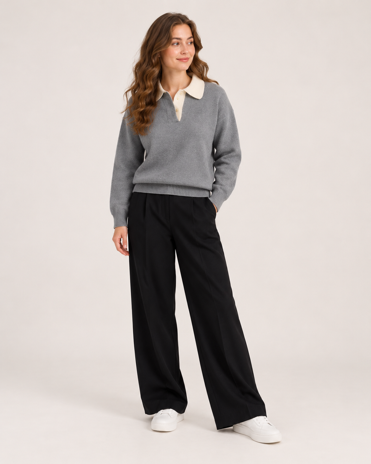 Women’s Collared Jumper with Colour Block Design in Grey, lower body product focus view