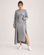 Women’s Knitted Dress Set with Long Cardigan in Grey, full body view