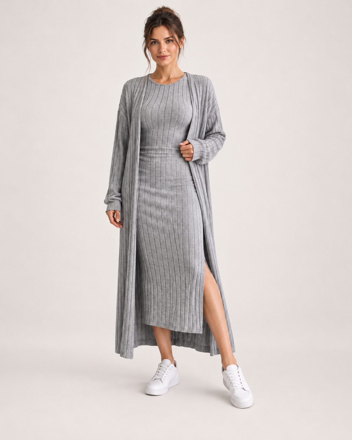 Women’s Knitted Dress Set with Long Cardigan in Grey, full body view