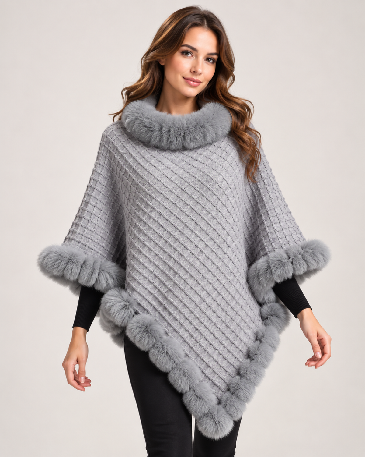 Women's grey cape coat with faux fur trim close variant view
