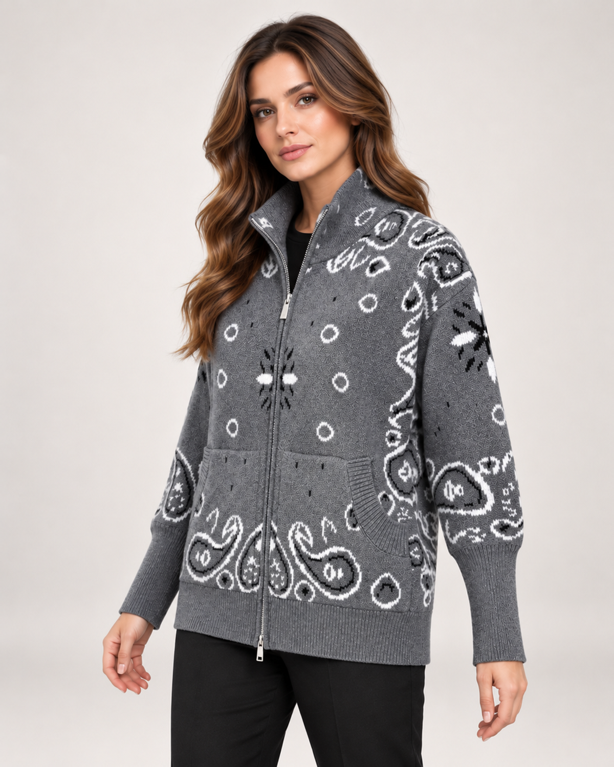 Women's Knitted Cardigan with Zip Front and High Neck grey close variant view