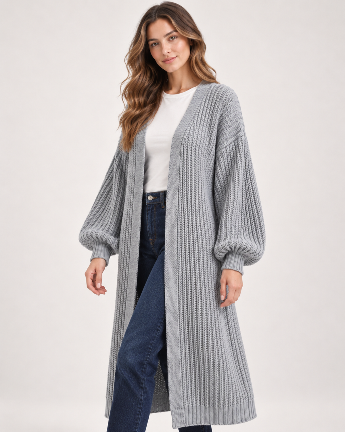 Women's Long Cardigan with Balloon Sleeves grey close variant view